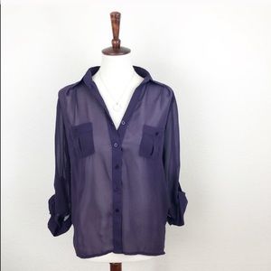 S&S Purple Eggplant Sheer Button Down Shirt Top